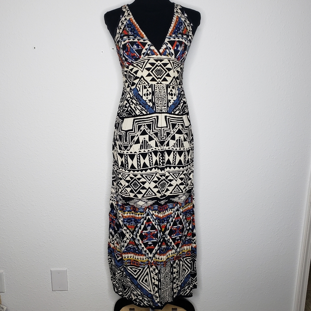 Angie Rayon Babydoll Mixed Print Southwestern Maxi Dress Size S Bohemian